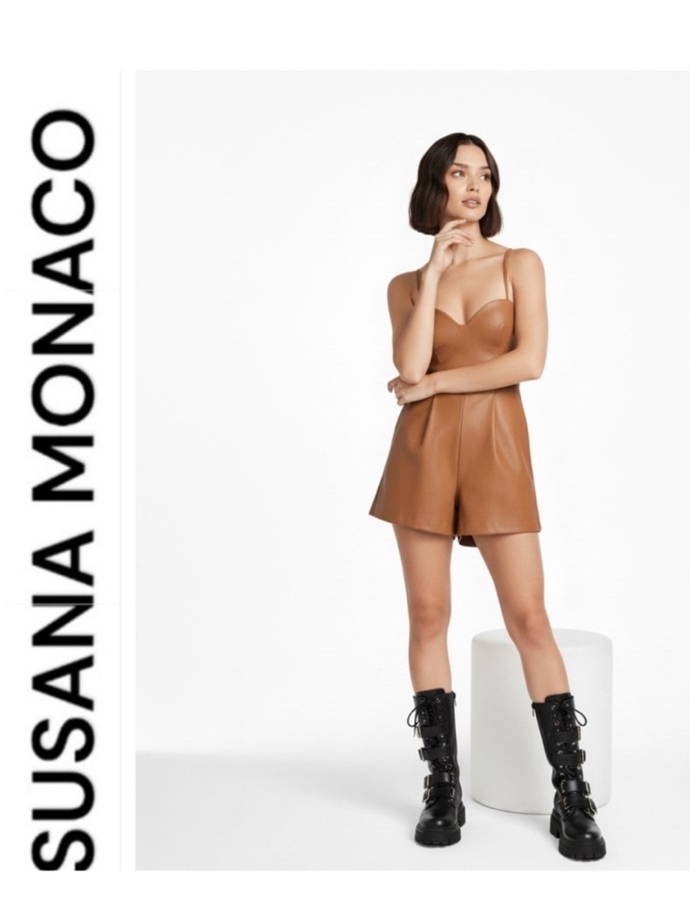 Susana Monaco Faux Leather Corset Sweetheart Mini Romper Camel Brown Size L NWT